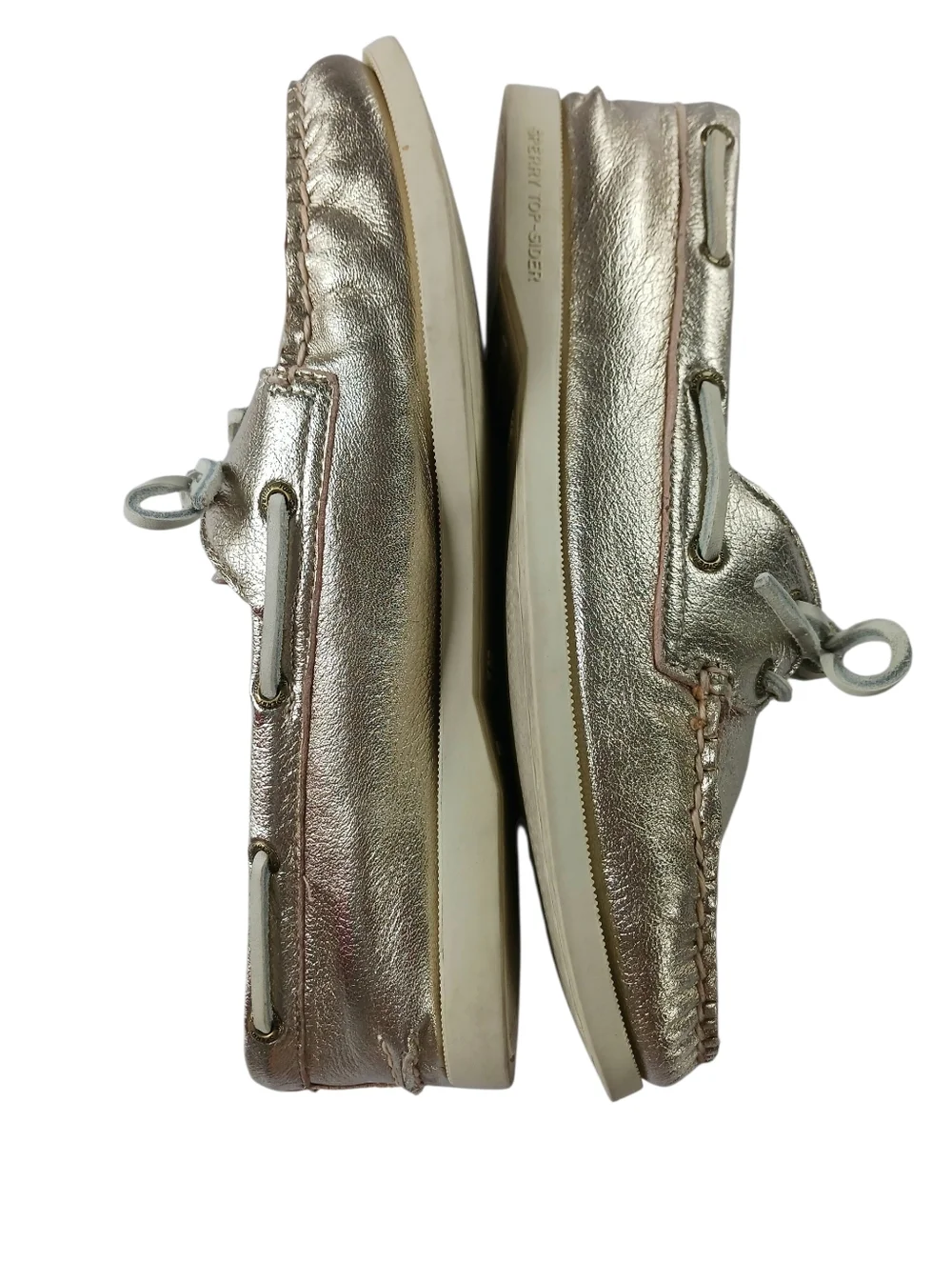 Sperry 2 Eye Boat Shoe Top Sider Metalic Gold Leather Flat Loafer Preppy Size 10 - Picture 4 of 11
